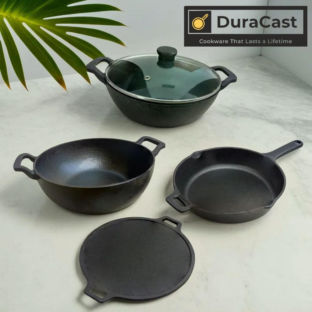 DuraCast India Combo of Cast Iron 30cm tawa, 25cm skillet, 24cm and 26cm Kadhai.