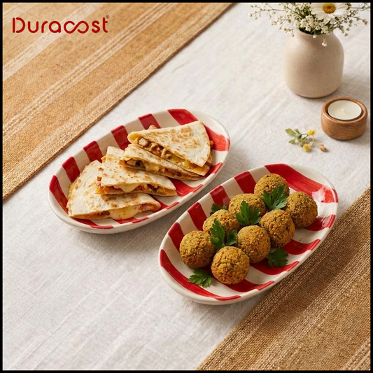 DuraCast® BoldBite Ceramic Snack Platter | Red & White Striped Design | Set of 2