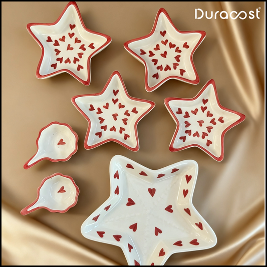 DuraCast® ChaatStar 7-Piece Ceramic Serving Set | Star-Shaped Snack Plates, Chutney Bowls & Large Chaat Platter | Red/Blue Variants