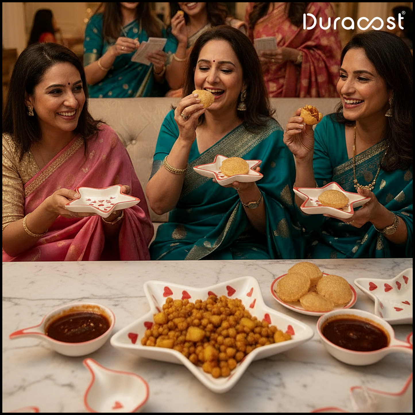 DuraCast® ChaatStar 7-Piece Ceramic Serving Set | Star-Shaped Snack Plates, Chutney Bowls & Large Chaat Platter | Red/Blue Variants
