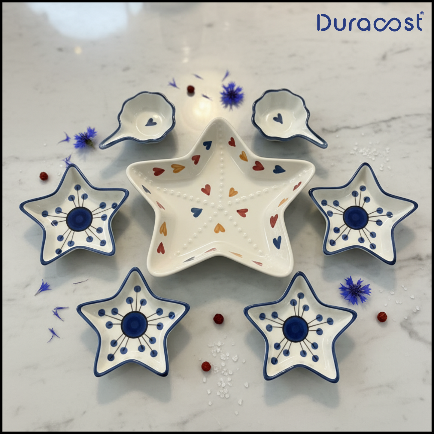 DuraCast® ChaatStar 7-Piece Ceramic Serving Set | Star-Shaped Snack Plates, Chutney Bowls & Large Chaat Platter | Red/Blue Variants