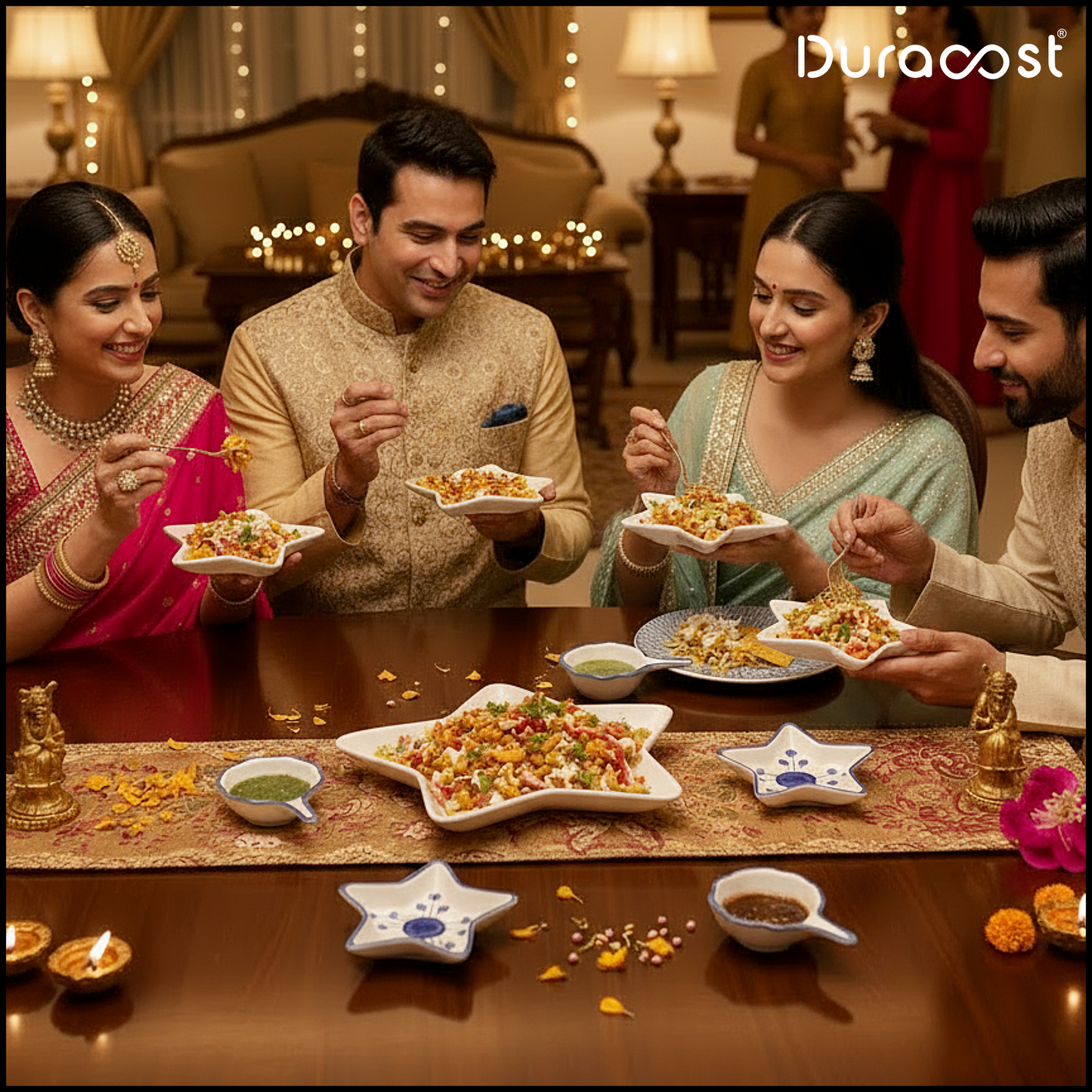 DuraCast® ChaatStar 7-Piece Ceramic Serving Set | Star-Shaped Snack Plates, Chutney Bowls & Large Chaat Platter | Red/Blue Variants