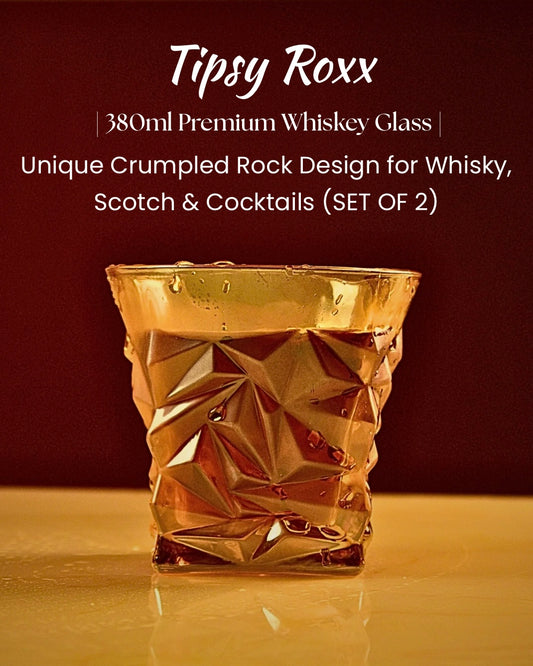 DuraBar™ Tipsy Roxx | 380ml Premium Whiskey Glass | Unique Crumpled Rock Design for Whisky, Scotch & Cocktails (SET OF 2)