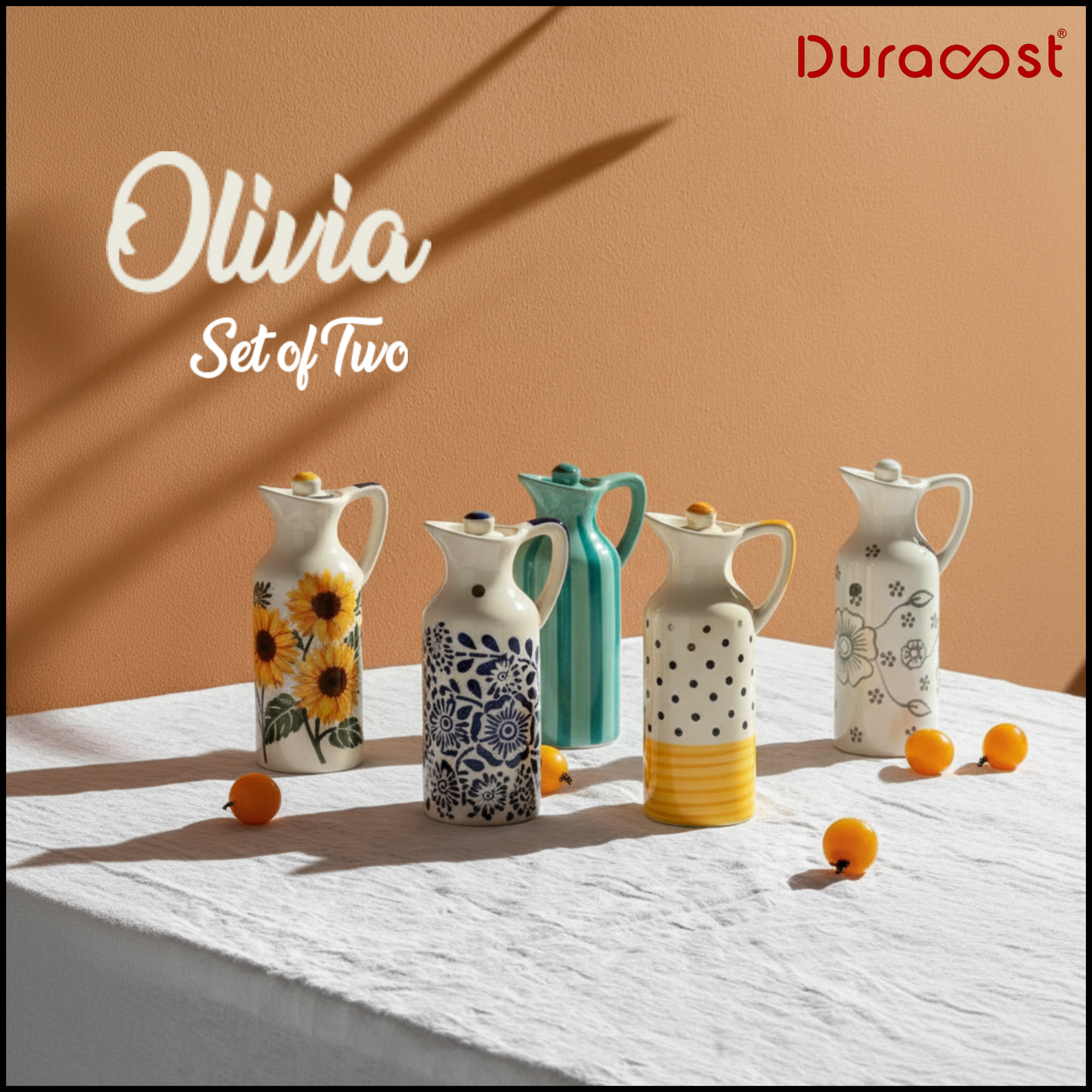 DuraCast® Olivia Ceramic Oil Bottle Set of 2 – 300ml Designer Olive Oil & Vinegar Dispenser with Handle & Lid | Assorted Handcrafted Patterns
