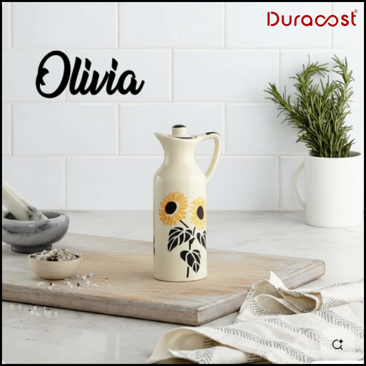 DuraCast® Olivia Ceramic Oil Bottle Set of 2 – 300ml Designer Olive Oil & Vinegar Dispenser with Handle & Lid | Assorted Handcrafted Patterns
