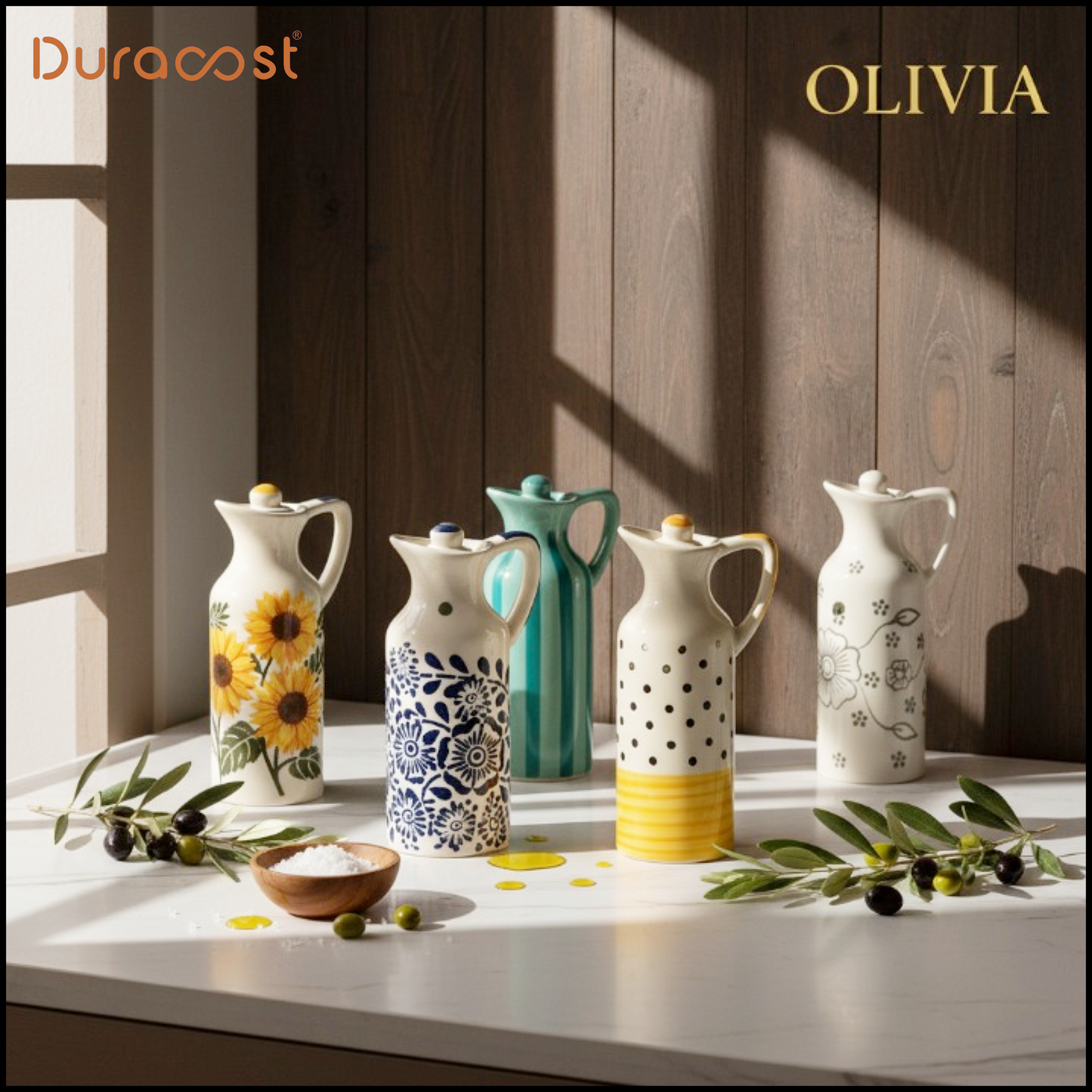 DuraCast® Olivia Ceramic Oil Bottle Set of 2 – 300ml Designer Olive Oil & Vinegar Dispenser with Handle & Lid | Assorted Handcrafted Patterns