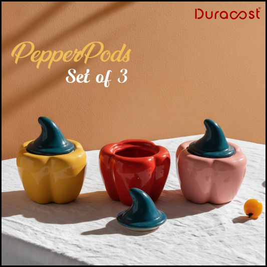 DuraCast® PepperPods Ceramic Jar Set of 3 – 500ml Each | Colorful Kitchen Storage Containers with Lids for Spices, Pickles, Snacks & More