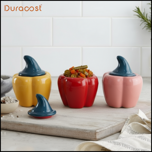 DuraCast® PepperPods Ceramic Jar Set of 3 – 500ml Each | Colorful Kitchen Storage Containers with Lids for Spices, Pickles, Snacks & More