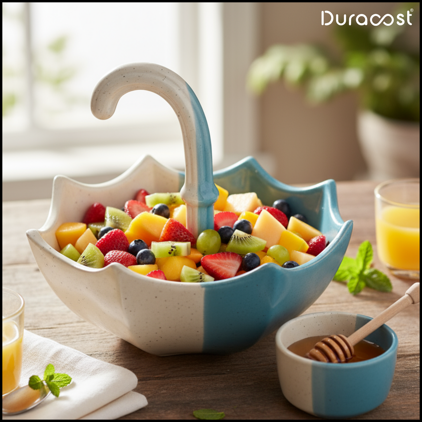 DuraCast® Rain Dine – Set of 2 Ceramic Snack Platter with Dip Bowl | Unique Umbrella Design Serveware for Nachos, Sweets & Starters