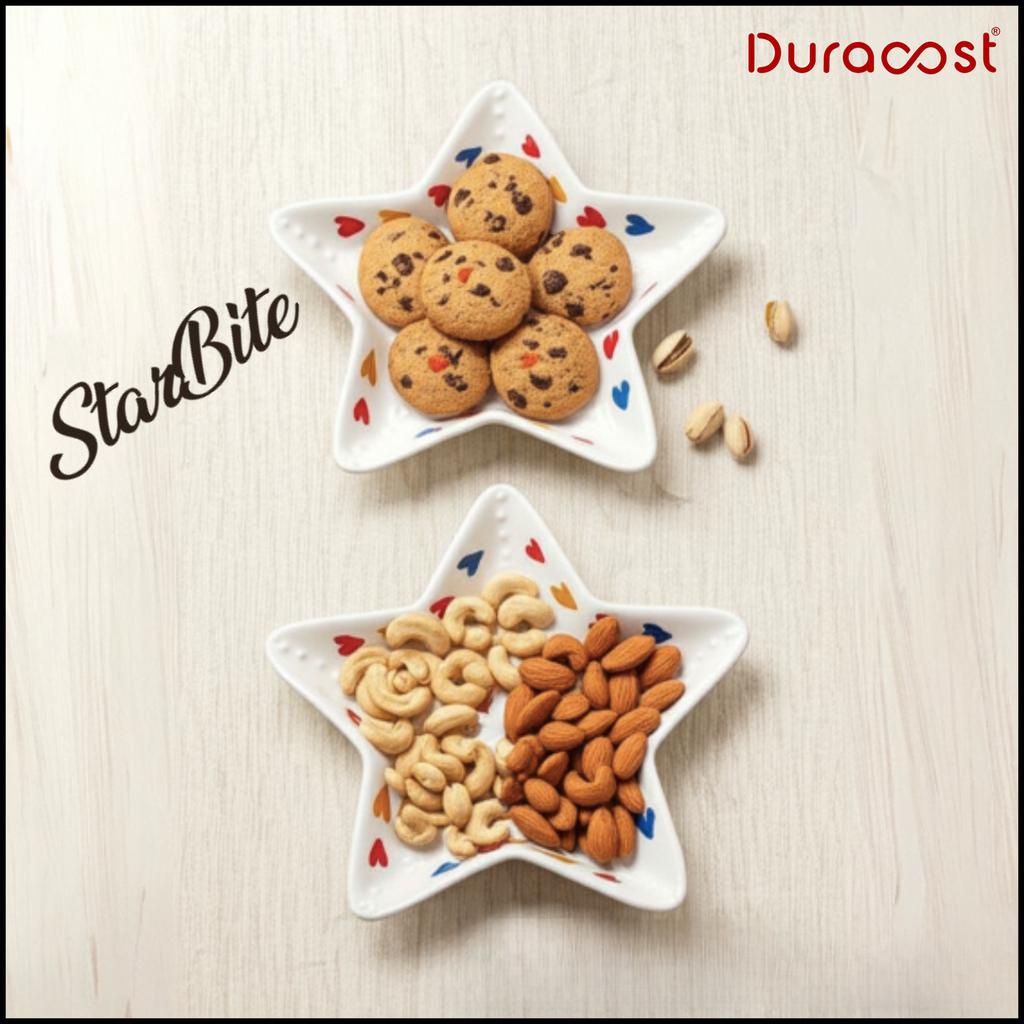 DuraCast® StarBite Ceramic Snack Plate ( Set of 2 ) - Handcrafted Star-Shaped Serving Dish with Colorful Heart Design | Multi-Purpose Snack & Dessert Plates