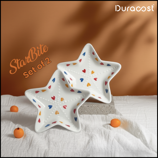DuraCast® StarBite Ceramic Snack Plate ( Set of 2 ) - Handcrafted Star-Shaped Serving Dish with Colorful Heart Design | Multi-Purpose Snack & Dessert Plates