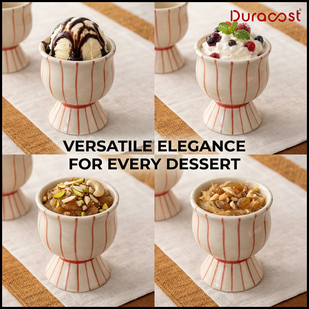 DuraCast® Sweet Lines – Ceramic Dessert Bowls Set of 4 | Premium Pedestal Sweet Bowls
