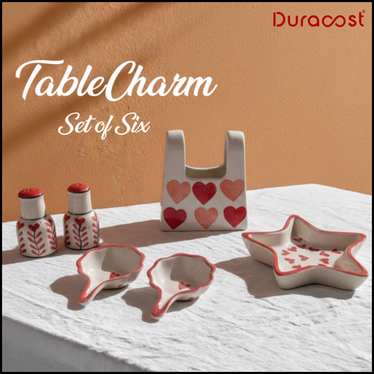 DuraCast® TableCharm Ceramic Tableware (Set of 6) – Salt & Pepper Shakers, Chutney Bowls, Star Candy Dish & Cutlery Holder | Stylish Dining Table Accessories