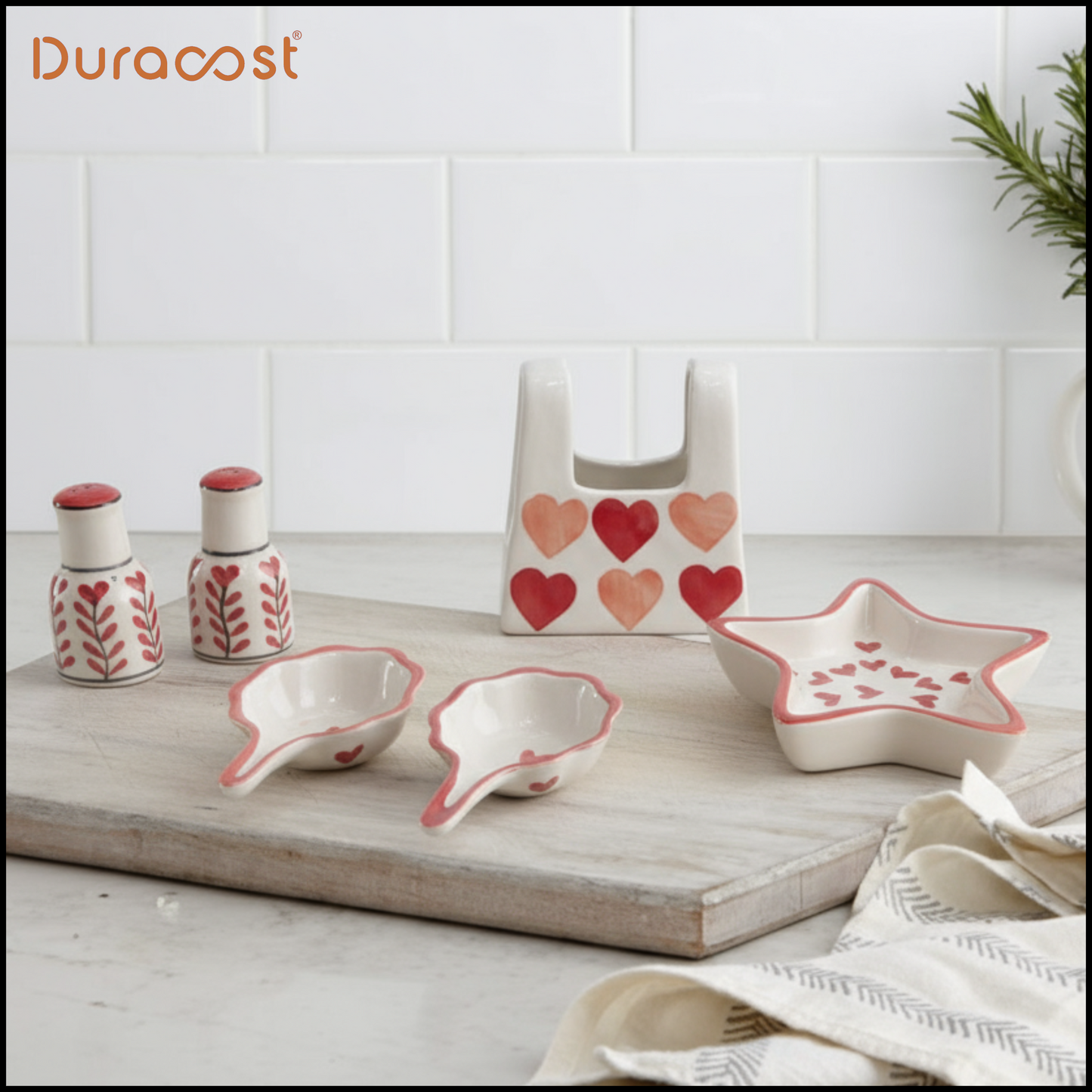 DuraCast® TableCharm Ceramic Tableware (Set of 6) – Salt & Pepper Shakers, Chutney Bowls, Star Candy Dish & Cutlery Holder | Stylish Dining Table Accessories