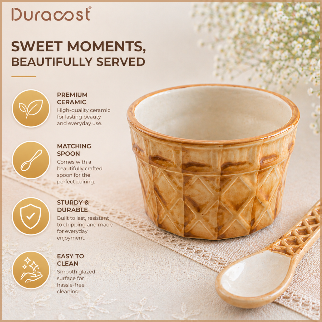 DuraCast® WaffleNest – Ceramic Bowl Set of 2 with Matching Spoons