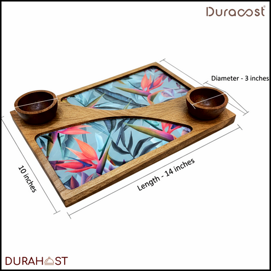 DuraHost™ Tropic Feast Wooden Platter Set | 14"x10" Tropical Serve Platter with 2 Matching Dip Bowls | Premium Handcrafted Snack & Starter Serving Set