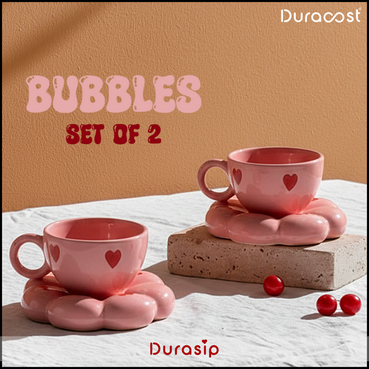 DuraSip™ Bubbles Ceramic Cup & Saucer Set of 2 – Pink Heart Design Tea Cups with Cloud-Shaped Saucer | Premium Gift Set for Tea & Coffee Lovers