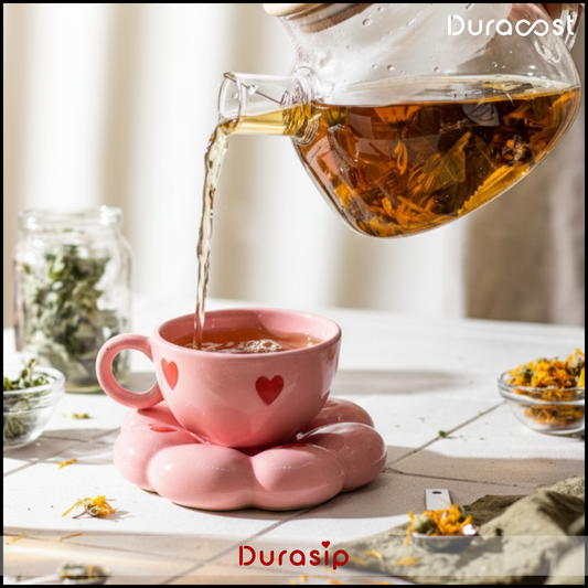 DuraSip™ Bubbles Ceramic Cup & Saucer Set of 2 – Pink Heart Design Tea Cups with Cloud-Shaped Saucer | Premium Gift Set for Tea & Coffee Lovers