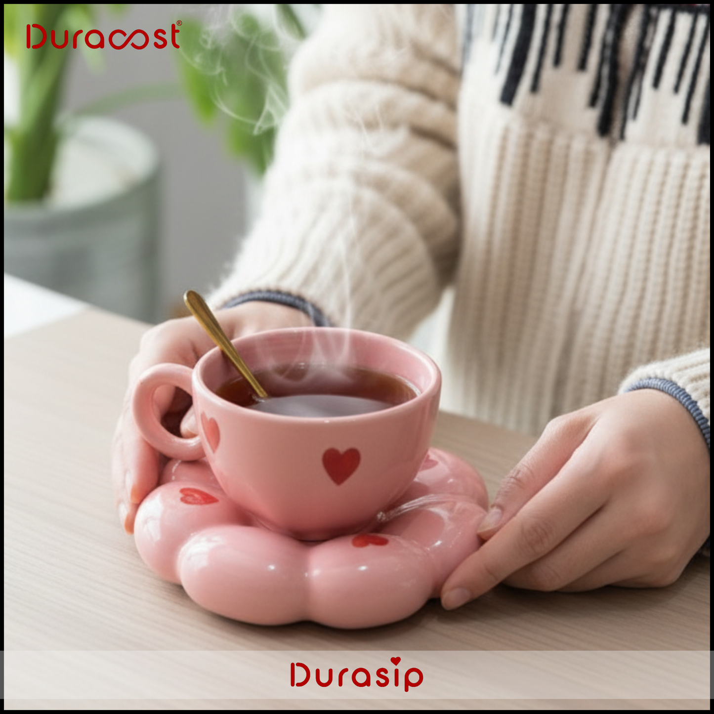 DuraSip™ Bubbles Ceramic Cup & Saucer Set of 2 – Pink Heart Design Tea Cups with Cloud-Shaped Saucer | Premium Gift Set for Tea & Coffee Lovers