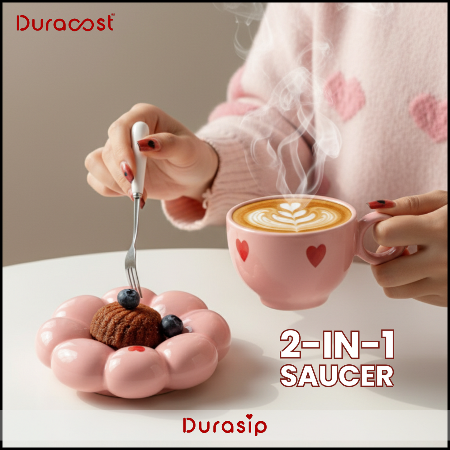 DuraSip™ Bubbles Ceramic Cup & Saucer Set of 2 – Pink Heart Design Tea Cups with Cloud-Shaped Saucer | Premium Gift Set for Tea & Coffee Lovers