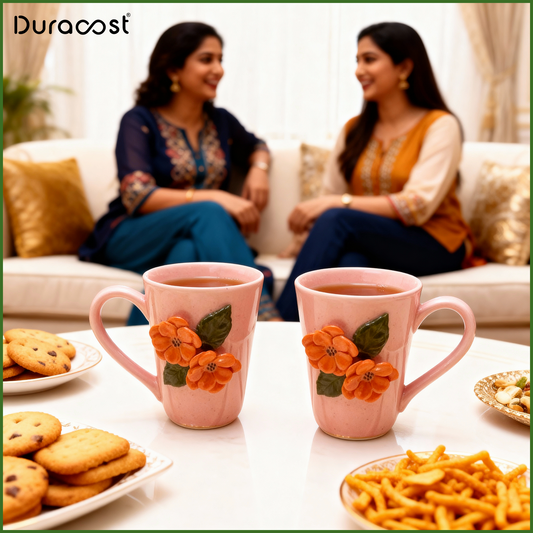 DuraSip™ Camelia Ceramic Mug Set of 2 – Premium Handcrafted Floral Coffee & Tea Cups | Elegant Designer Mugs for Hot Beverages & Gifting