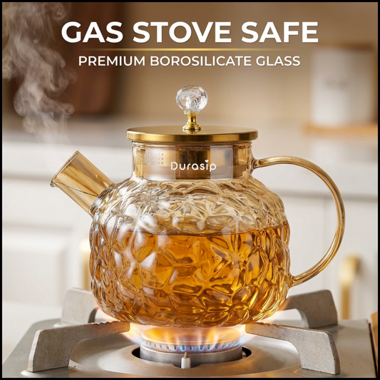 DuraSip™ Chá Crystal Luxe Tea Set – Borosilicate Glass Kettle with Amber Mugs & Optional Wooden Tray | Elegant Tea & Coffee Server Gift Set