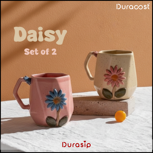 DuraSip™ Daisy Ceramic Coffee Mug Set of 2/4 – Handcrafted Floral Embossed Tea & Coffee Cups | Available in Pink & Yellow
