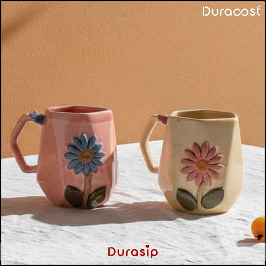DuraSip™ Daisy Ceramic Coffee Mug Set of 2/4 – Handcrafted Floral Embossed Tea & Coffee Cups | Available in Pink & Yellow