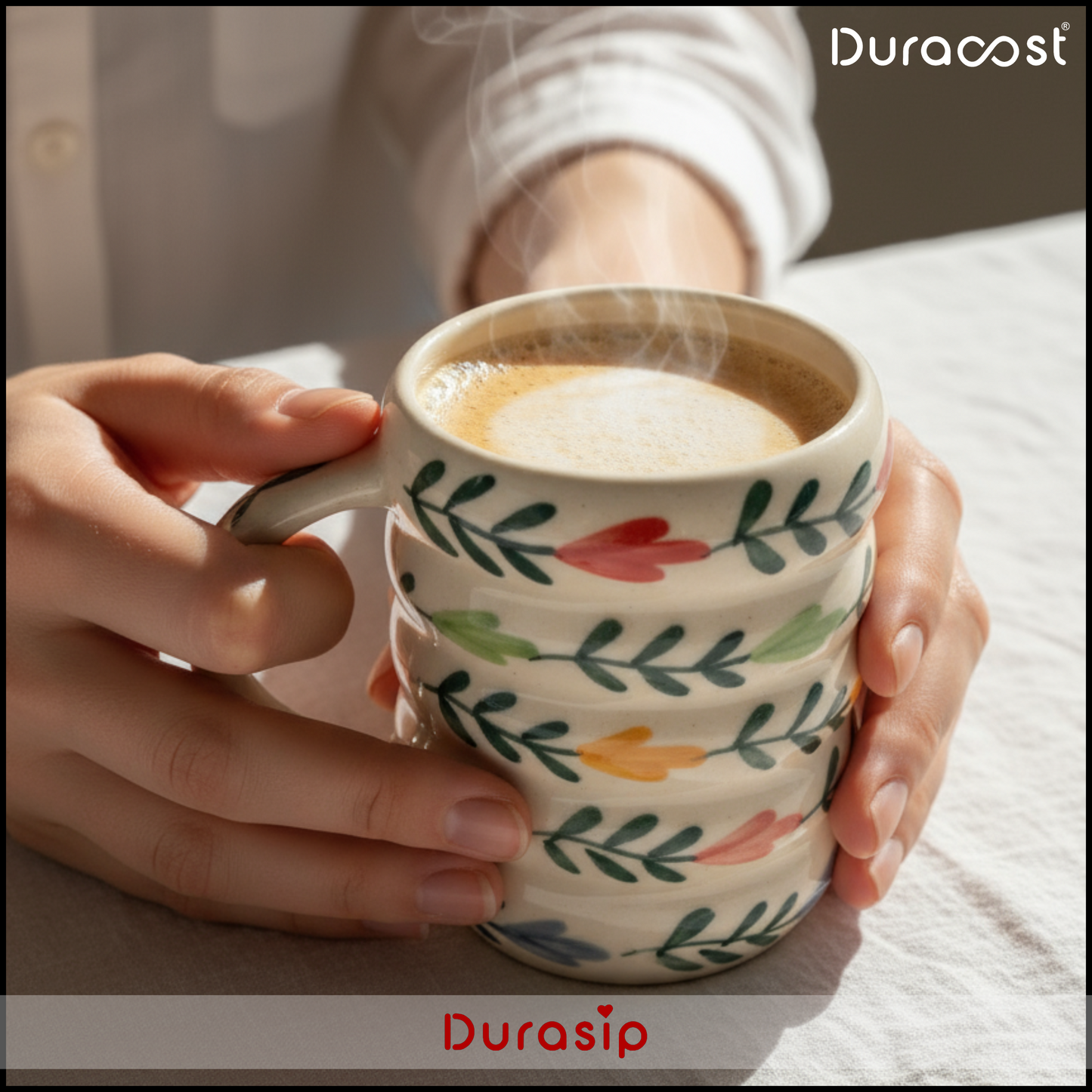 DuraSip™ FOLIA Ceramic Coffee Mug Set of 2/4/6 – Handcrafted Nature-Inspired Tea & Coffee Cups with Leaf Motif Design