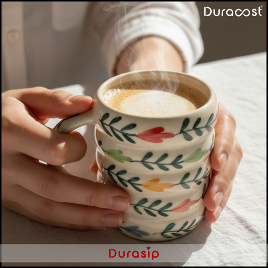 DuraSip™ FOLIA Ceramic Coffee Mug Set of 2/4/6 – Handcrafted Nature-Inspired Tea & Coffee Cups with Leaf Motif Design