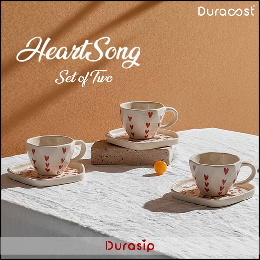 DuraSip™ HeartSong Ceramic Cup & Saucer Set of 2 – Handcrafted Heart Design Tea & Coffee Set | Premium Gift Collection