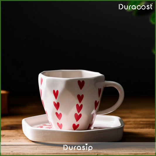 DuraSip™ HeartSong Ceramic Cup & Saucer Set of 2 – Handcrafted Heart Design Tea & Coffee Set | Premium Gift Collection