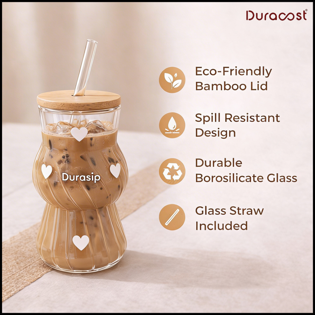 DuraSip™ Love Swirl – Glass Tumbler Set of 2 | Heart Design Sipper Cups with Lid & Straw