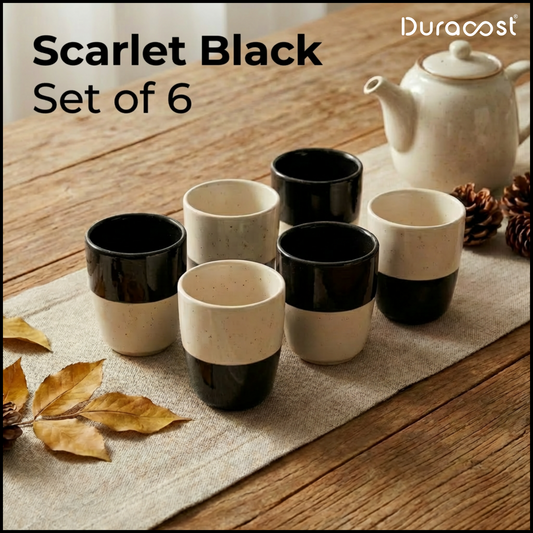 DuraSip™ Scarlet Ceramic Tea Cups Set of 6 | Dual-Tone Red/Black & Off-White | 190 ml