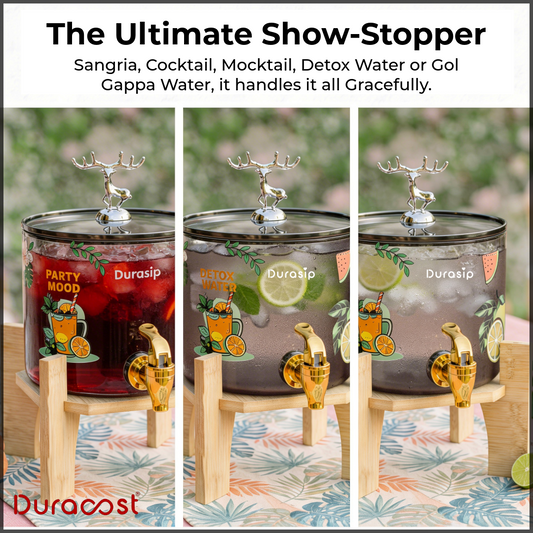 DuraSip™ SipStation 2.6L – Premium Glass Drink Dispenser with Wooden Stand & Leakproof Tap | Ideal for Parties, Golgappa, Cocktails & Mocktails