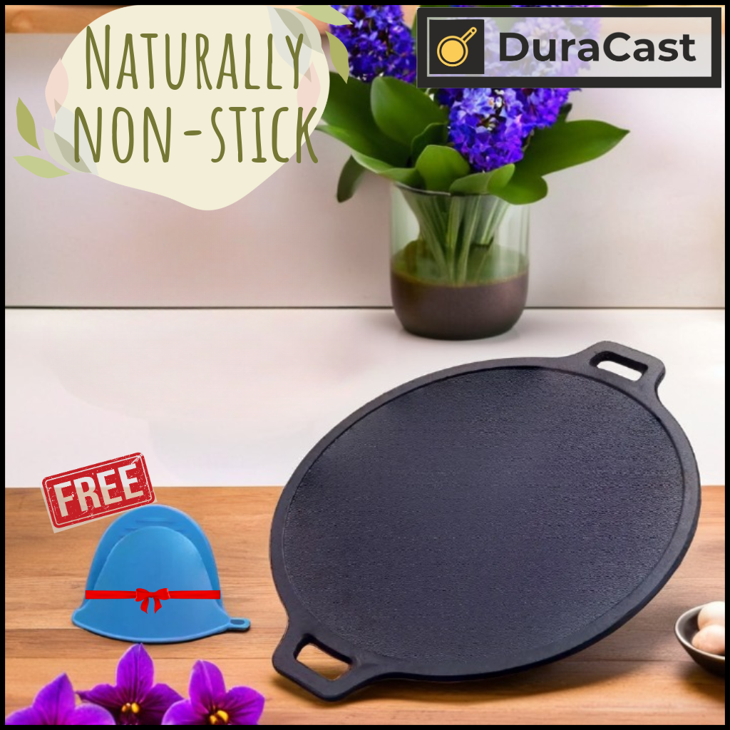 DuraCast 30cm Cast Iron Tawa with Free Silicone Grips – Pre-Seasoned & Perfect for Indian Cooking