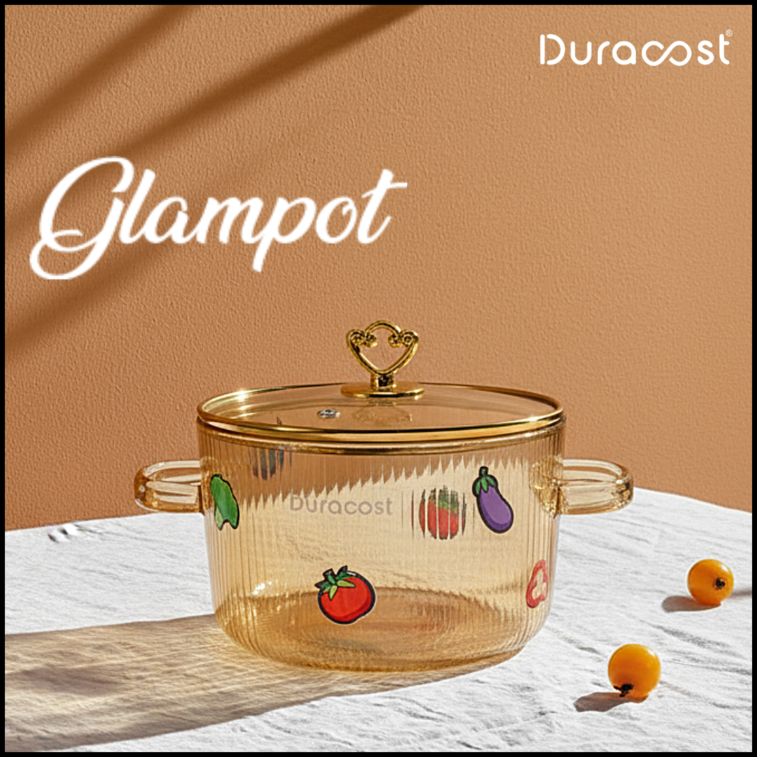 DuraCast® Glampot 1.6L Premium Amber Glass Cooking Pot with Lid | Heat-Resistant Borosilicate Glass Cookware for Stove, Microwave & Oven | Elegant Cook & Serve Pot