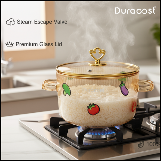 DuraCast® Glampot 1.6L Premium Amber Glass Cooking Pot with Lid | Heat-Resistant Borosilicate Glass Cookware for Stove, Microwave & Oven | Elegant Cook & Serve Pot