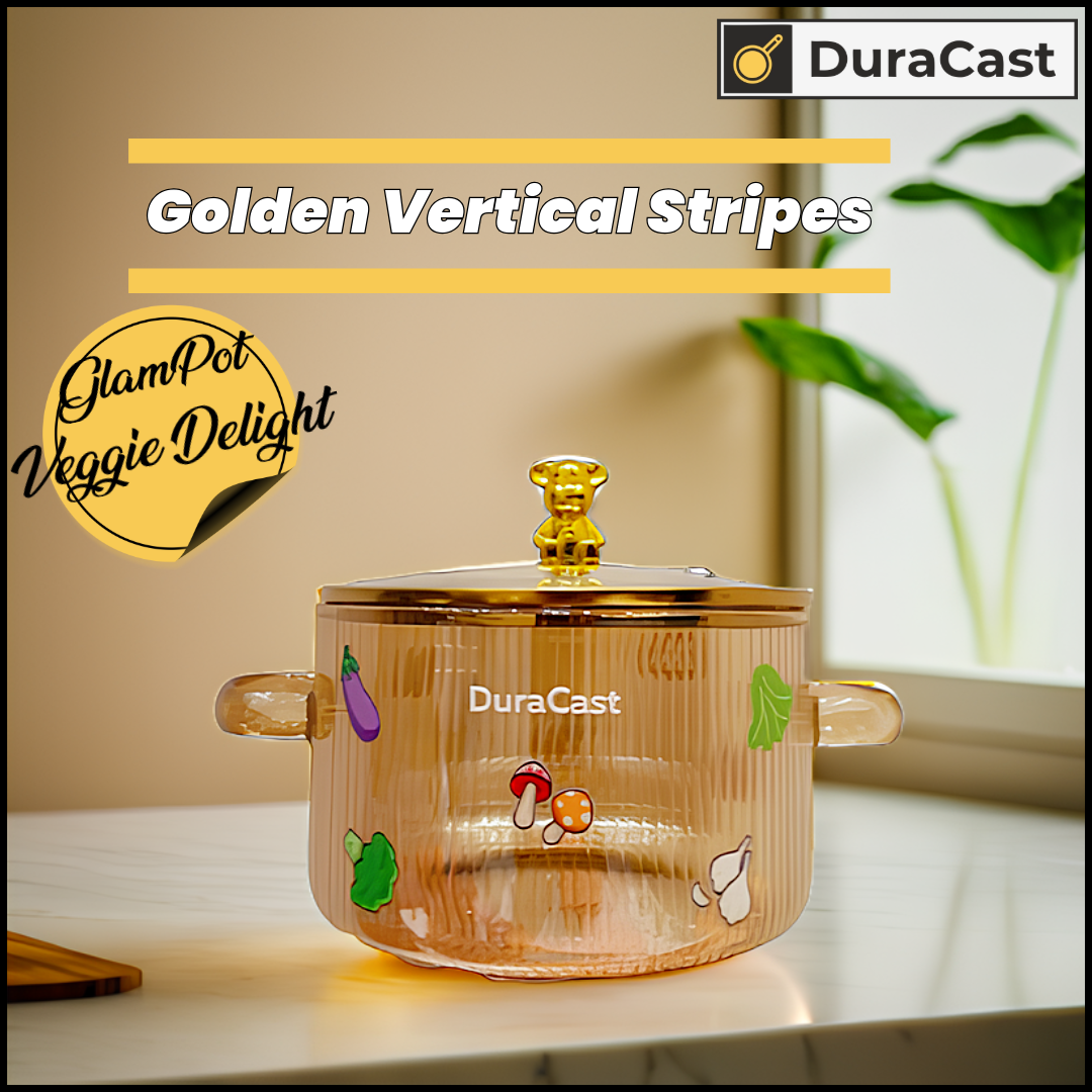 DuraCast GlamPot Veggie Delight 1.6L – Borosilicate Glass Pot with Bear Lid & Glass Handles | Stove Safe