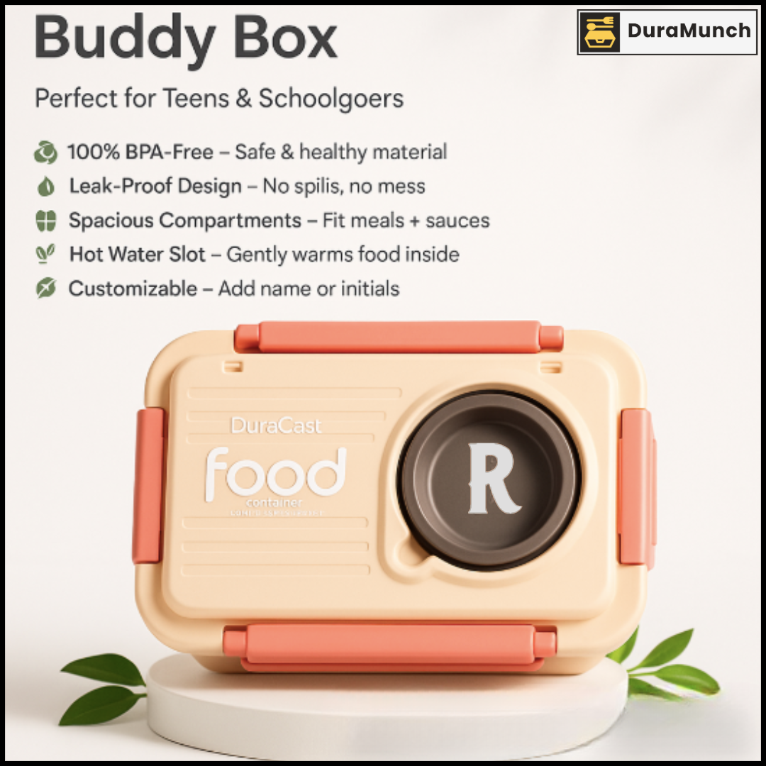 DuraMunch Buddy Box Combo – Teen Lunch Box Set with Custom Bottle & Bag | For Boys & Girls | Name Personalization Available