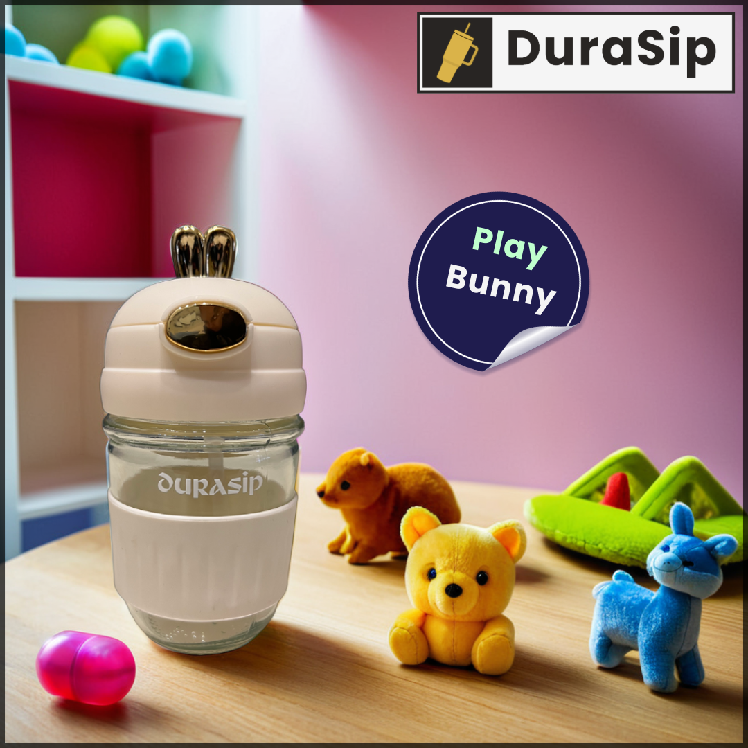 DuraSip Play Bunny – Premium Glass Sipper with Anti-Slip Silicone Grip for Kids