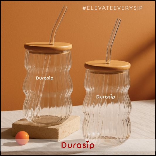 DuraSip™ Ripple Textured Glass Tumbler | 480ml | Eco-Luxe with Lid & Straw | Aesthetic Drinkware (SET OF 2)