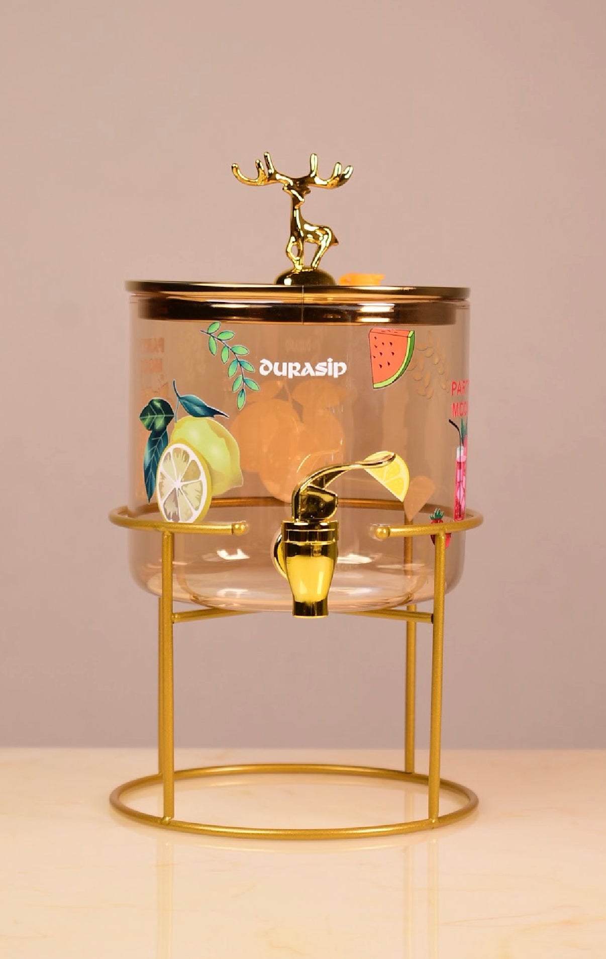DuraSip™ SipStation 2.6L Premium Glass Beverage Dispenser with Golden Metal Stand & Leakproof Tap | Stylish Drink Dispenser for Juices, Mocktails, Water & Parties