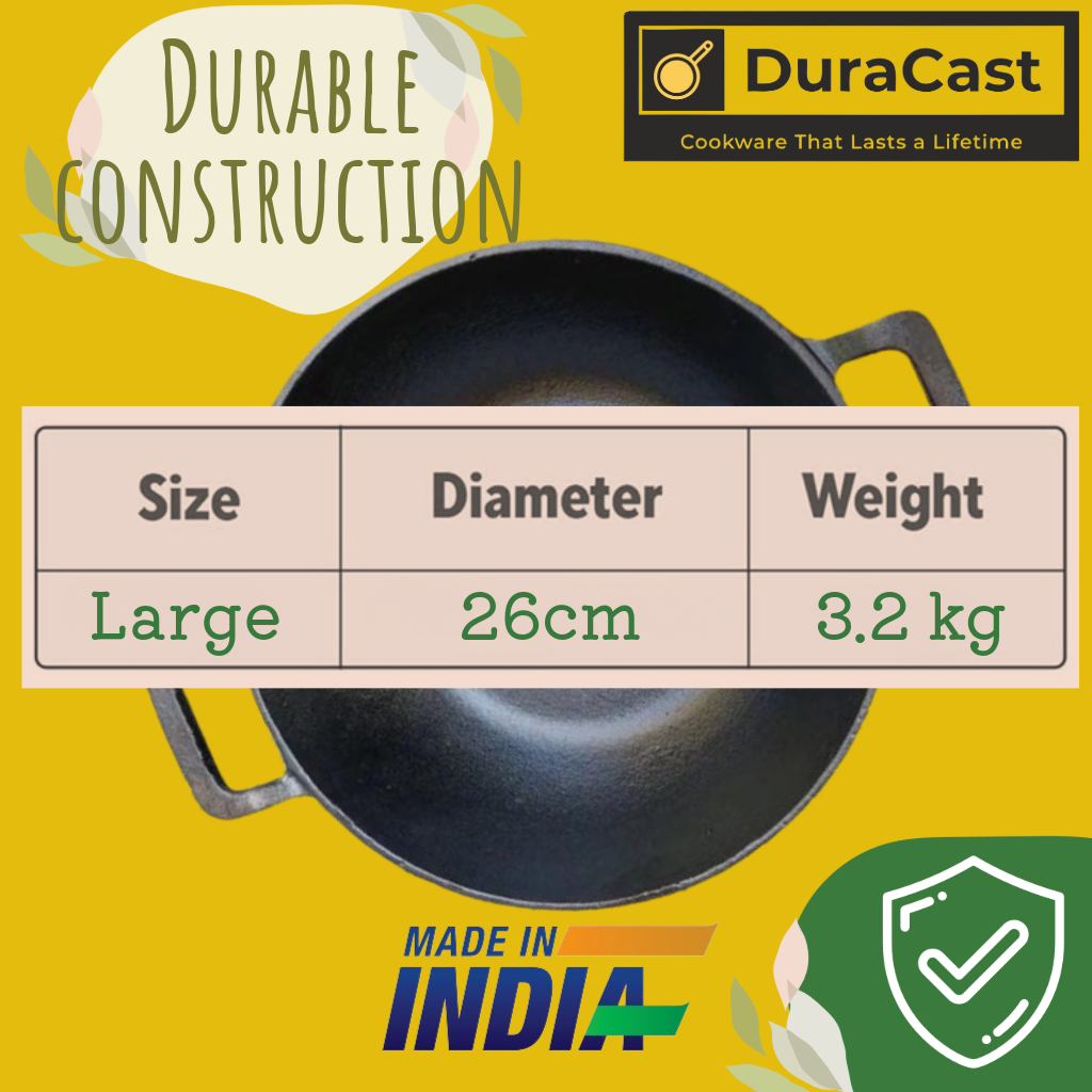 DuraCast India Combo of Cast Iron 30cm Tawa, 25cm Skillet and 26cm Kadhai