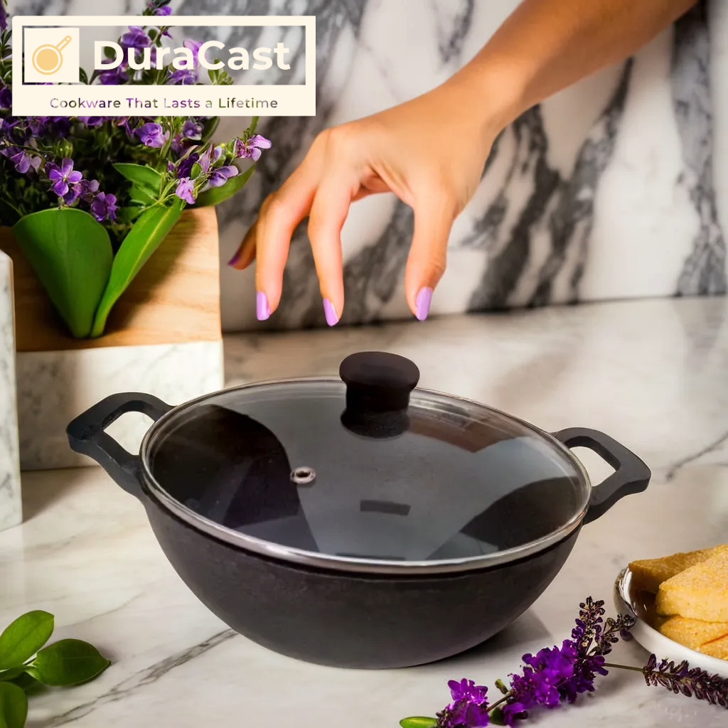 DuraCast India 24 cm Traditional Cast Iron Kadhai - Lightweight & Durable | 2.8 Kg | 3.3 Litres | Pre-Seasoned