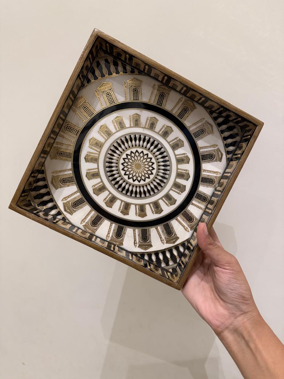 DuraCast Premium Wooden Serving Trays with Gold Inlay – 9” Designer Print Square Trays