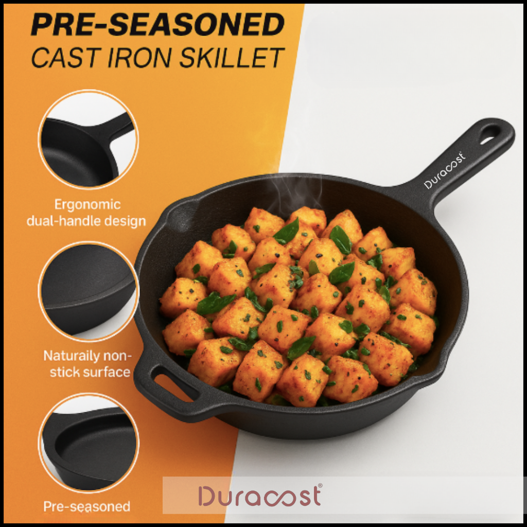 DuraCast® India Cast Iron Skillet: Sear, Saute, and Sizzle with Authentic Flavors | Pre-Seasoned