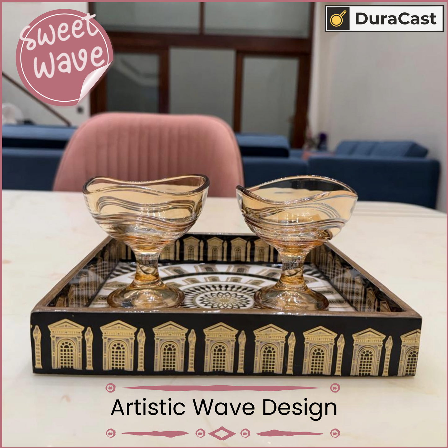 DuraCast Sweet Wave Golden Dessert Bowls – Elegant Wave Rim Fruit & Dessert Serving Set