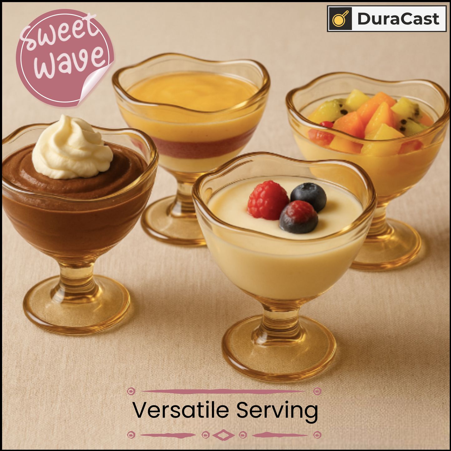 DuraCast Sweet Wave Golden Dessert Bowls – Elegant Wave Rim Fruit & Dessert Serving Set
