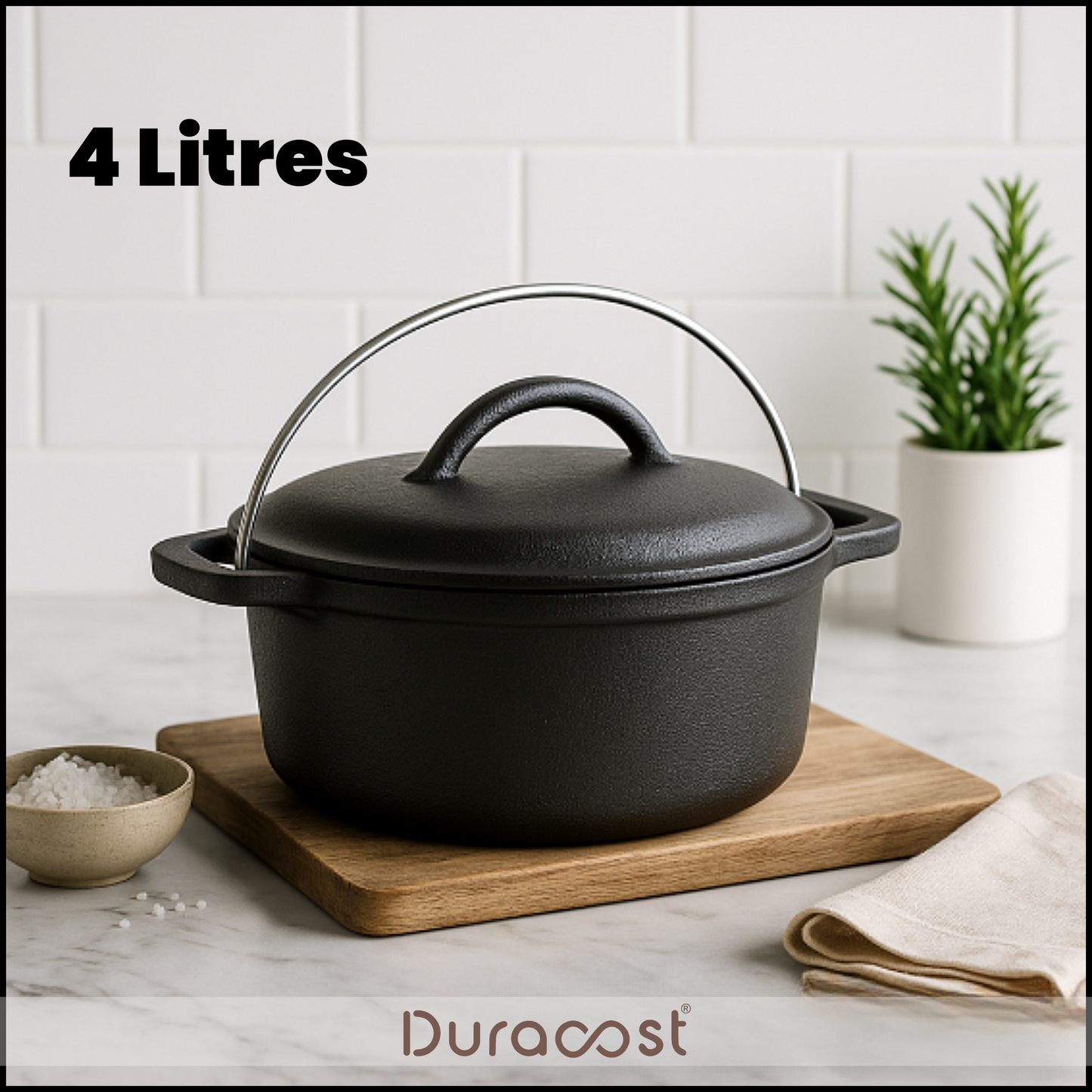 DuraCast® 4 L Cast Iron Dutch Oven – Heavy Duty Pre-Seasoned Pot for Cooking, Baking & Slow-Cooking